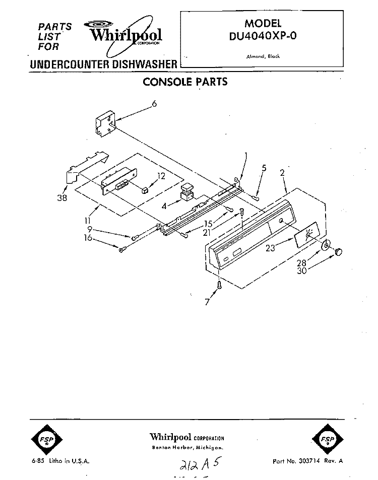 CONSOLE Diagram and Parts List for DU4040XP0  Whirlpool Dishwasher