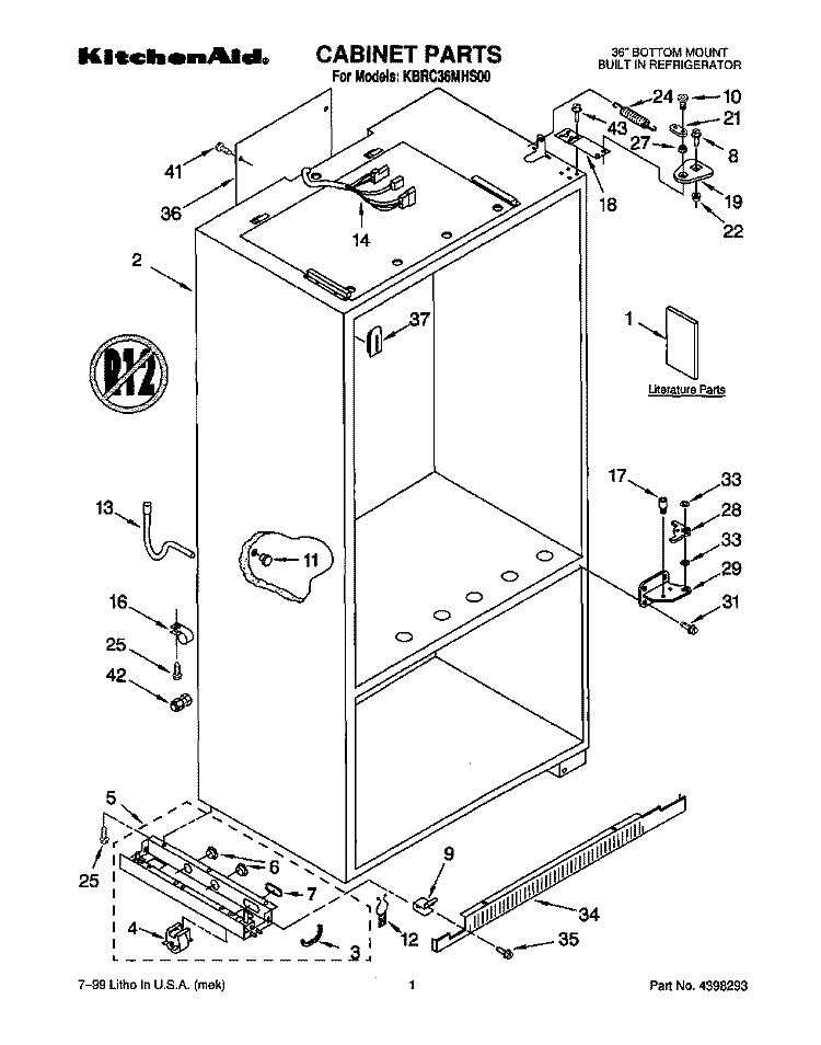 CABINET, LITERATURE Diagram and Parts List for KBRC36MHS00  KitchenAid Refrigerator
