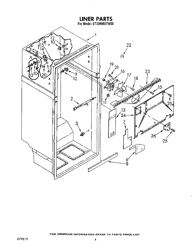 LINER Diagram and Parts List for ET20RMXTF00  Whirlpool Refrigerator
