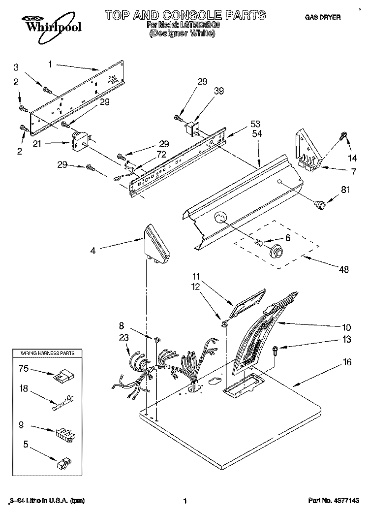 TOP AND CONSOLE, LIT/OPTIONAL Diagram and Parts List for LGT5624BQ0  Whirlpool Dryer