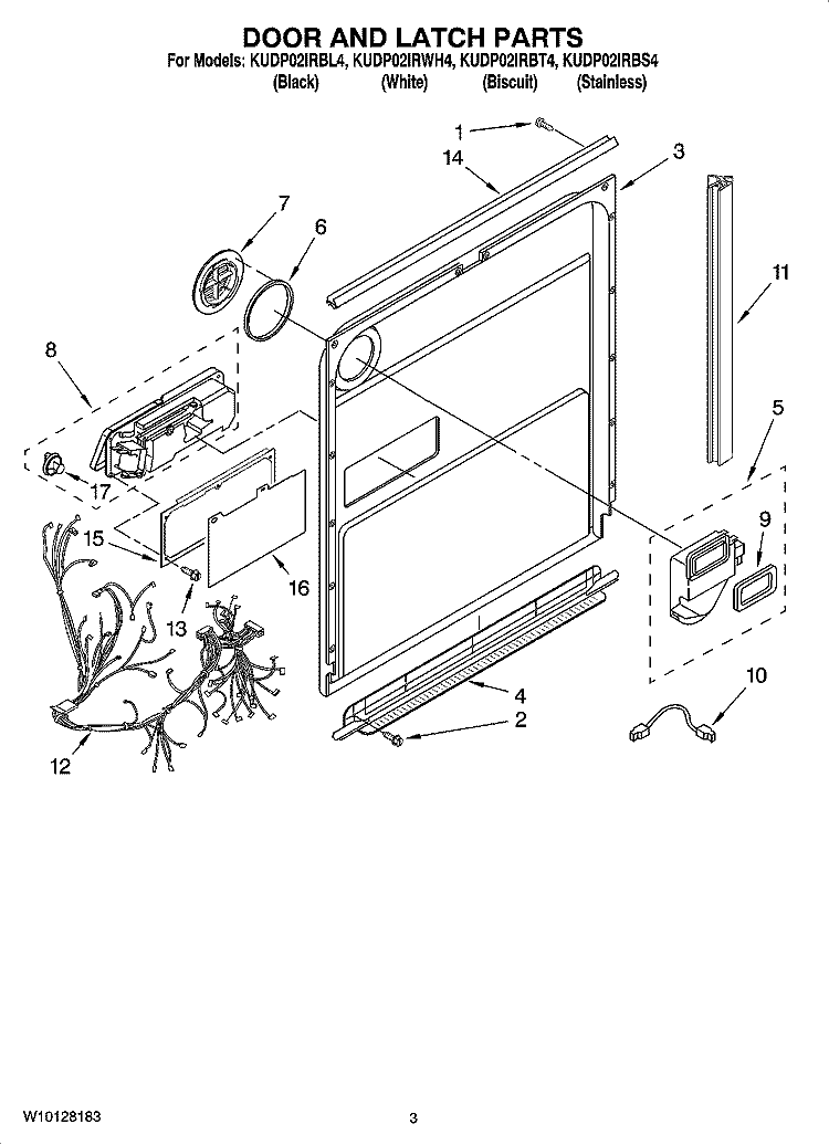 DOOR AND LATCH PARTS Diagram and Parts List for KUDP02IRWH4  KitchenAid Dishwasher