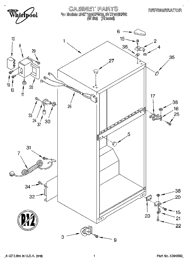 CABINET Diagram and Parts List for 3VET16GKFW00  Whirlpool Refrigerator