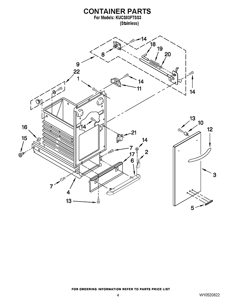 CONTAINER PARTS Diagram and Parts List for KUCS03FTSS3  KitchenAid Trash Compactor