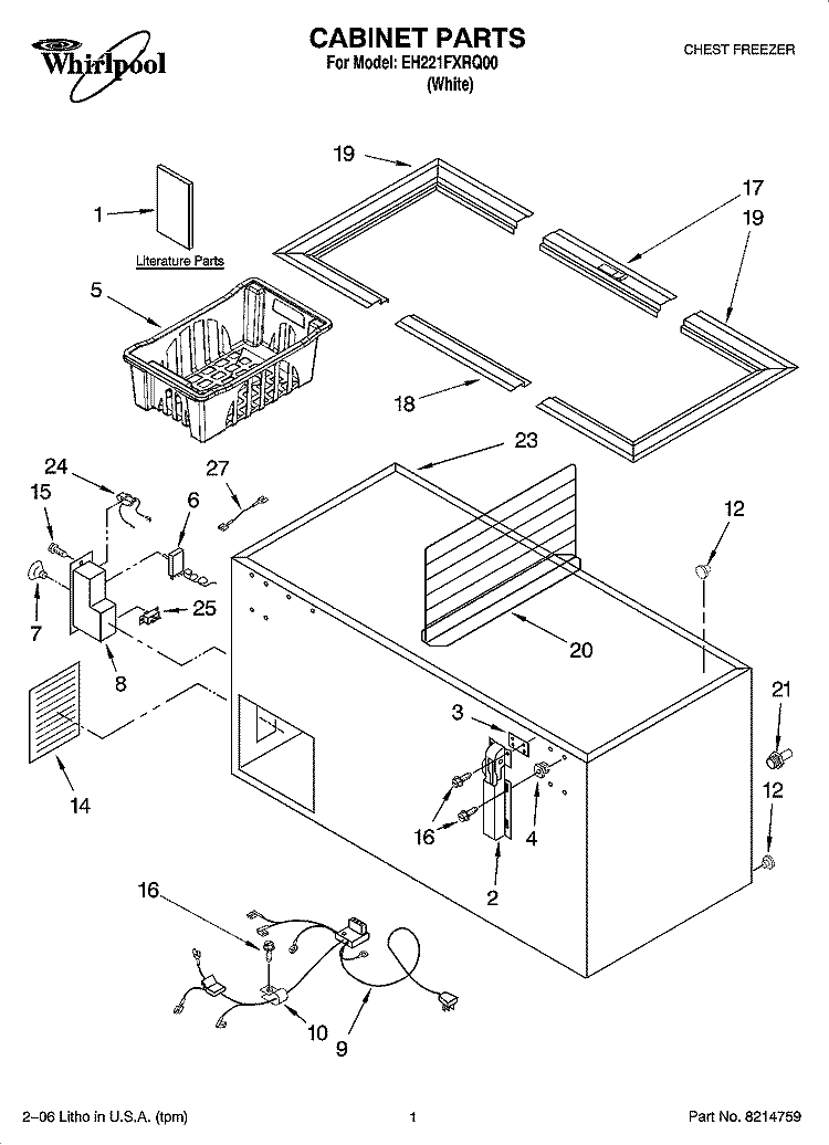 CABINET PARTS Diagram and Parts List for EH221FXRQ00  Whirlpool Freezer