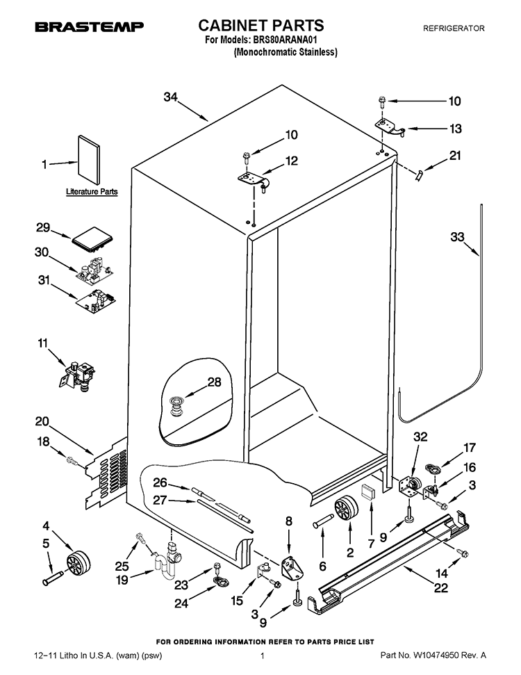 CABINET PARTS Diagram and Parts List for BRS80ARANA01  Whirlpool Refrigerator