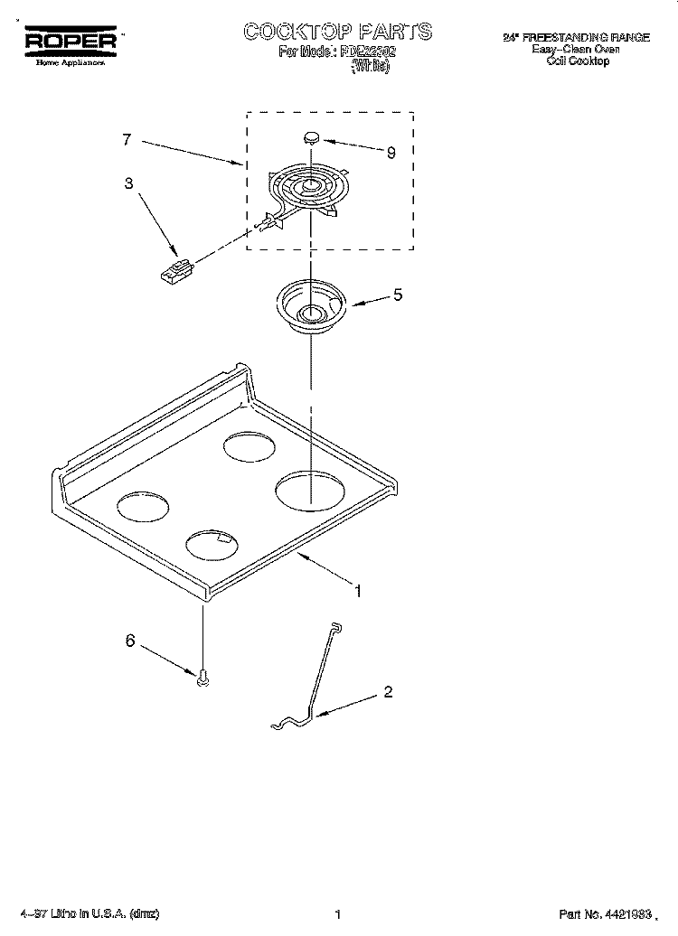 COOKTOP, LITERATURE Diagram and Parts List for RDE22302  Roper Range