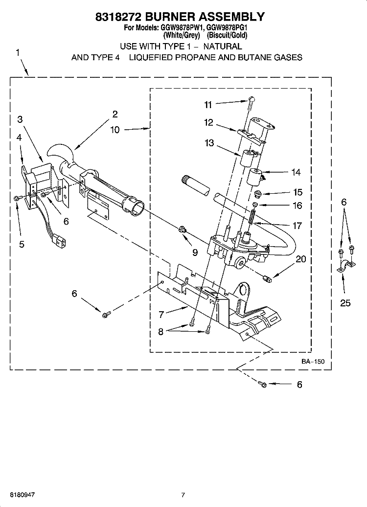 8318272 BURNER ASSEMBLY, OPTIONAL PARTS (NOT INCLUDED) Diagram and Parts List for GGW9878PG1  Whirlpool Dryer