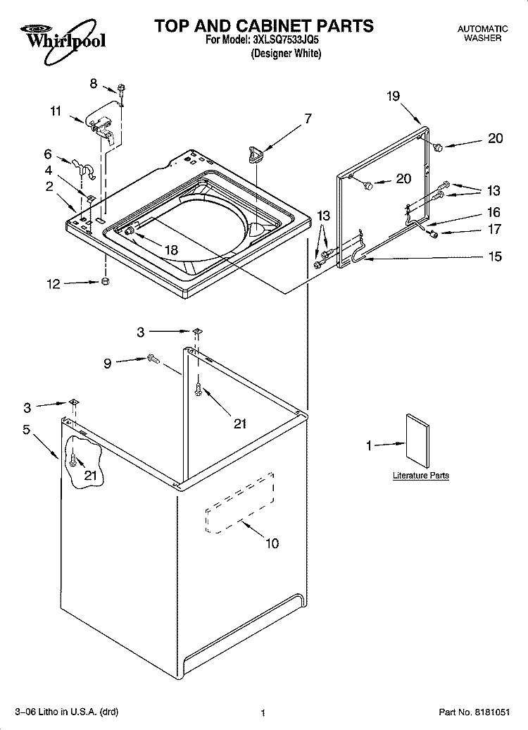 TOP AND CABINET PARTS Diagram and Parts List for 3XLSQ7533JQ5  Whirlpool Washer