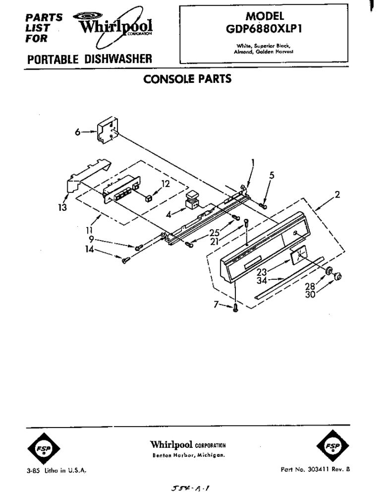Console Diagram and Parts List for GDP6880XLP1  Whirlpool Dishwasher