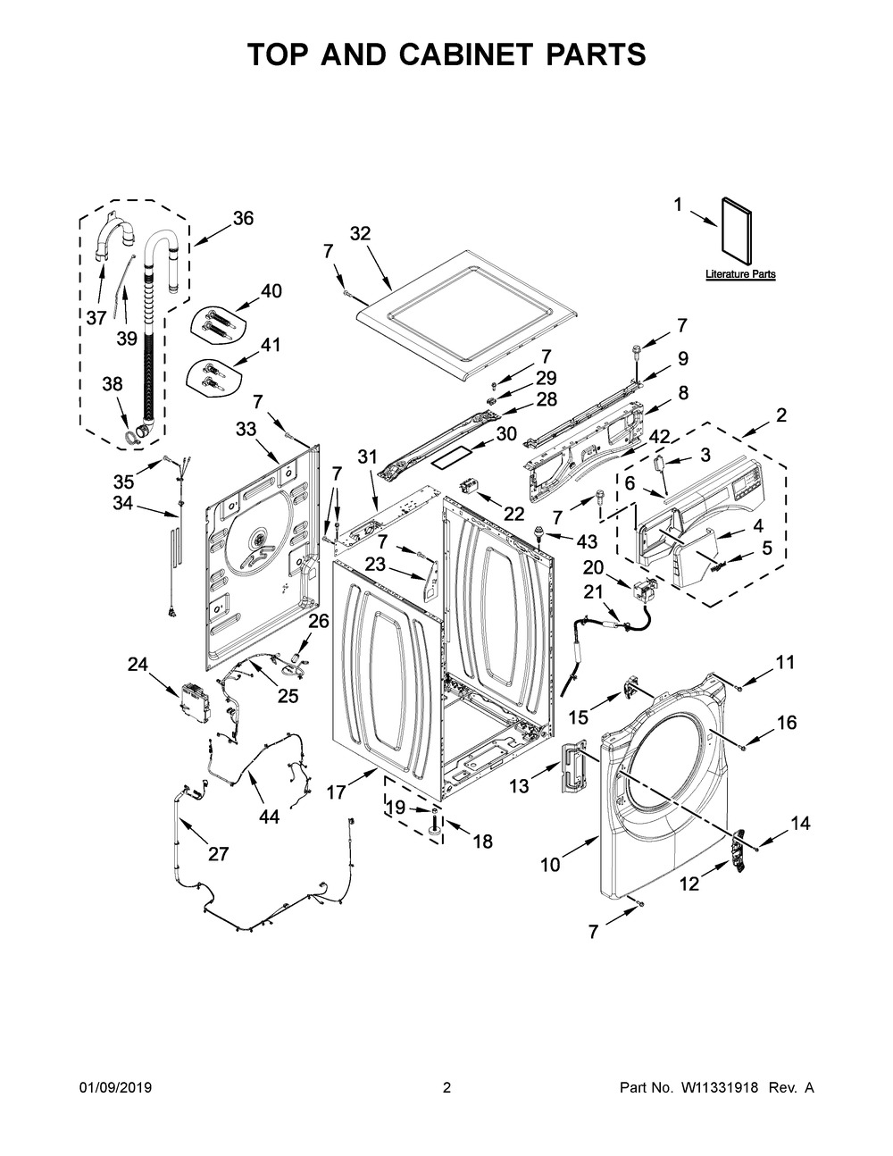 Top And Cabinet Parts Diagram and Parts List for 7MWFW6622HW0  Whirlpool Washer