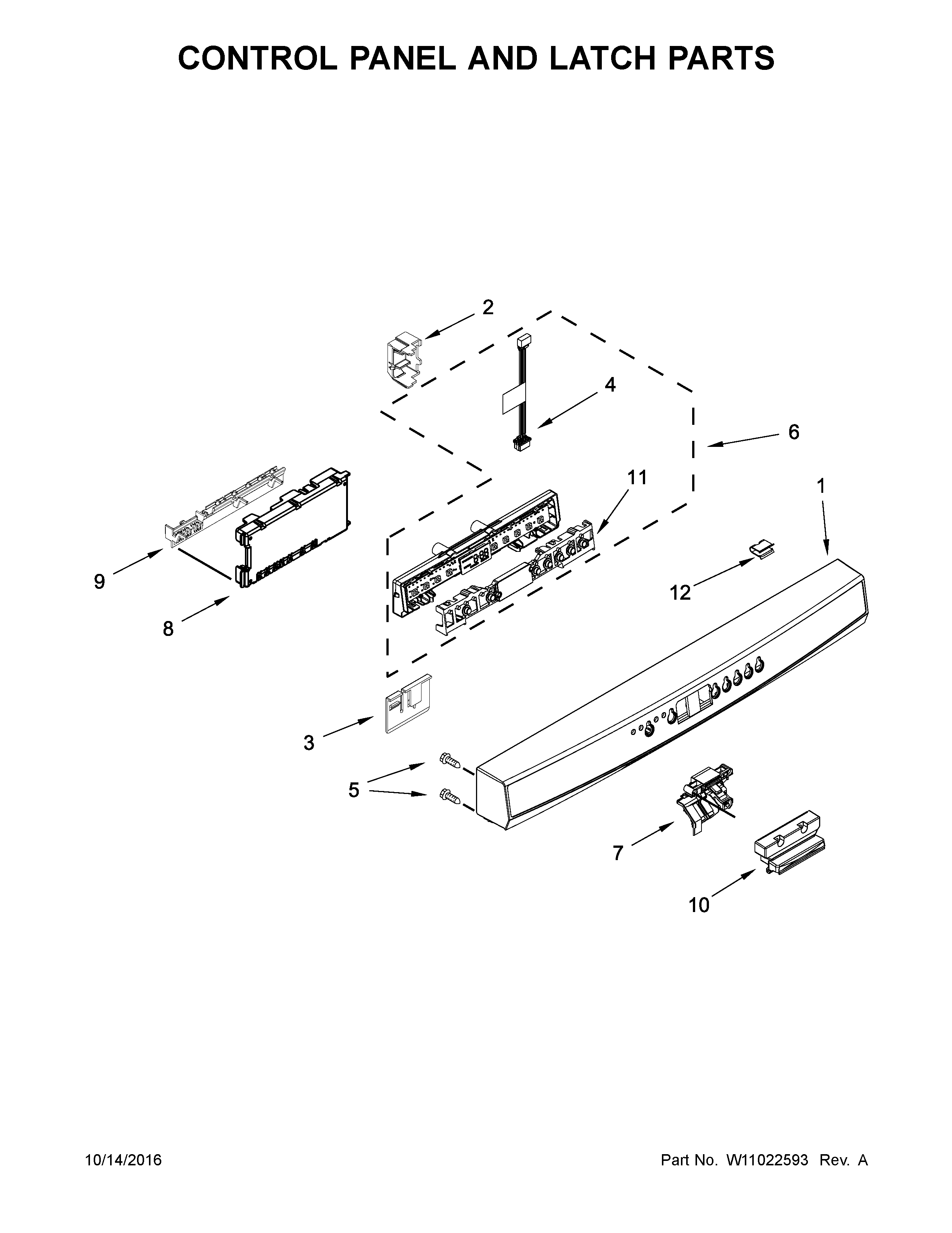 Control Panel And Latch Parts Diagram and Parts List for 66513403N413  Kenmore Dishwasher