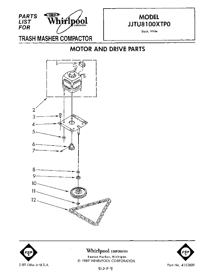 MOTOR AND DRIVE , LIT/OPTIONAL Diagram and Parts List for JJTU8100XTP0  Whirlpool Trash Compactor