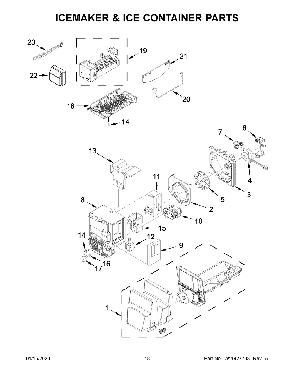 Icemaker & Ice Container Parts Diagram and Parts List for WRX735SDHZ03  Whirlpool Refrigerator