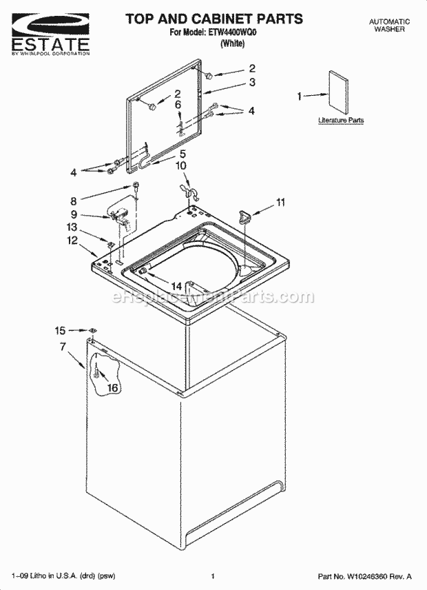 TOP AND CABINET PARTS Diagram and Parts List for ETW4400WQ0  Estate Washer