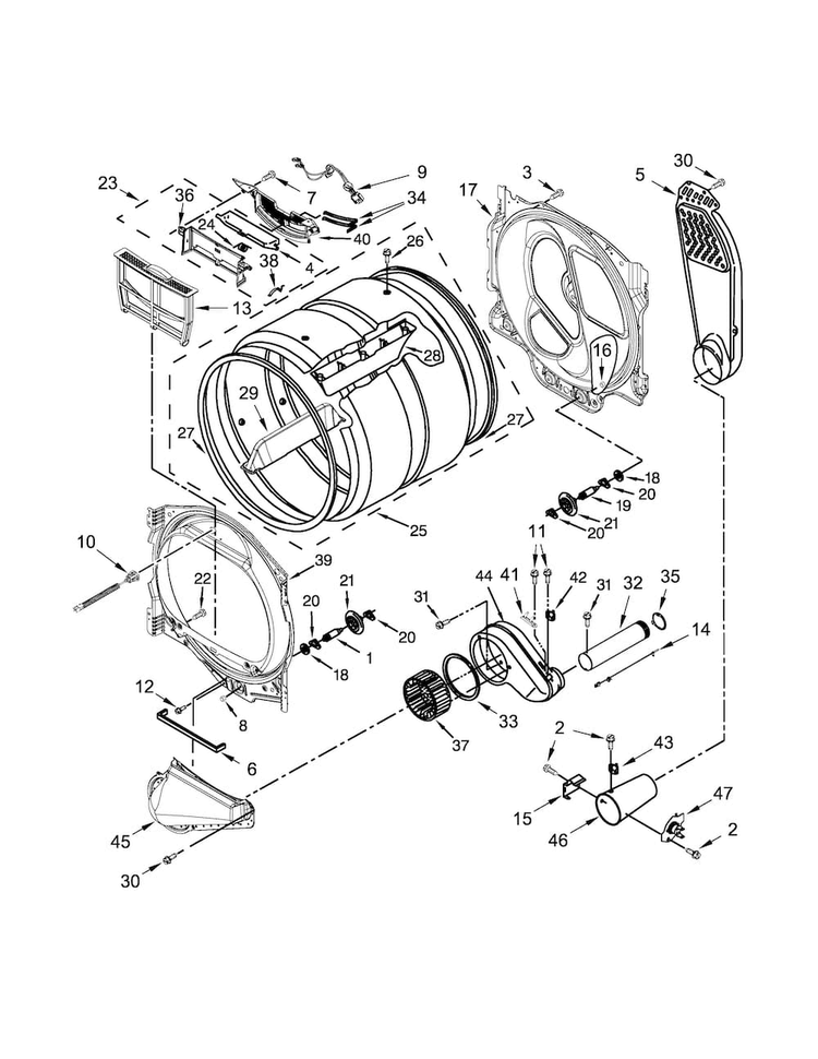 Bulkhead Parts Diagram and Parts List for 7MWGD8000EW1  Whirlpool Dryer