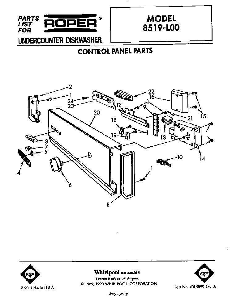 Control Panel Diagram and Parts List for 8519L00  Roper Dishwasher