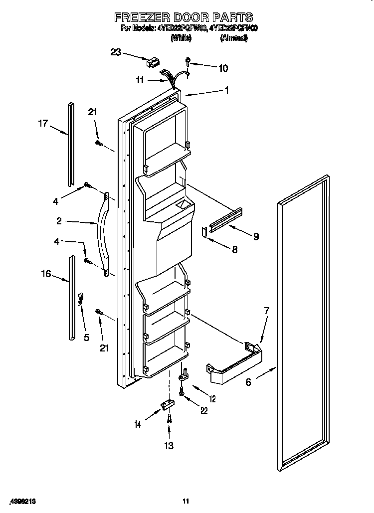 Freezer Door Diagram and Parts List for 4YED22PQFW00  Whirlpool Refrigerator