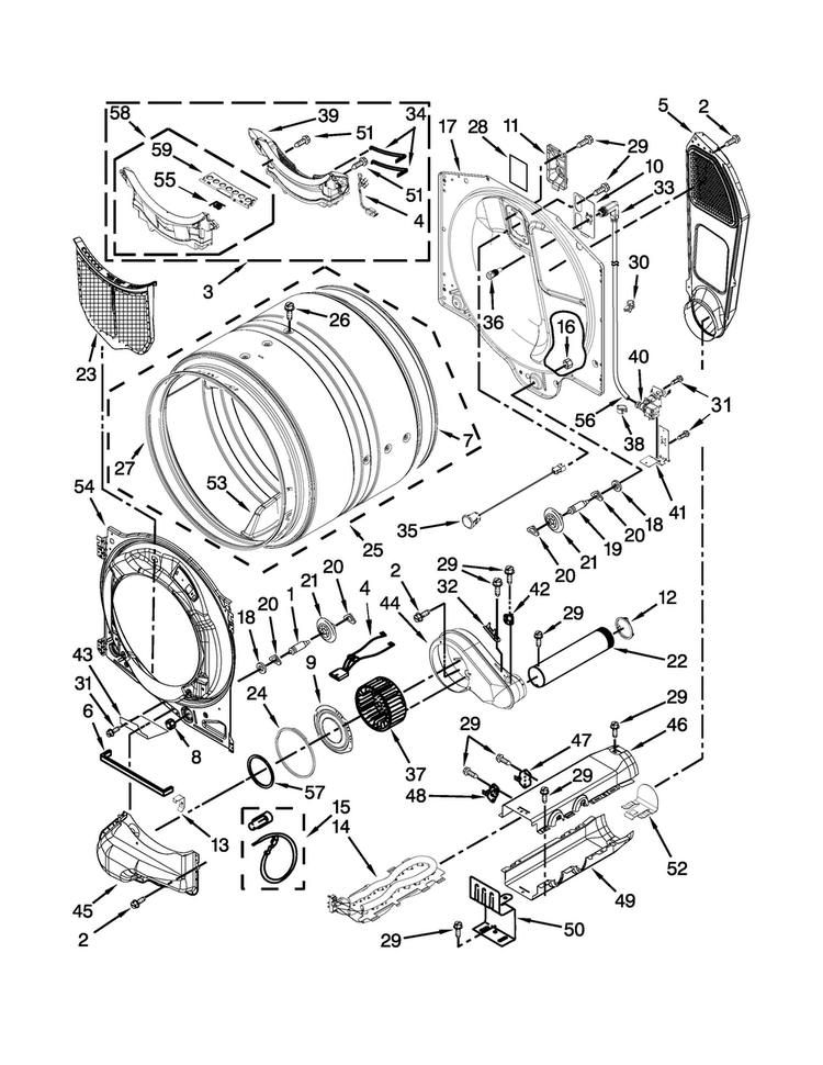 Bulkhead Parts Diagram and Parts List for WED97HEDW1  Whirlpool Dryer