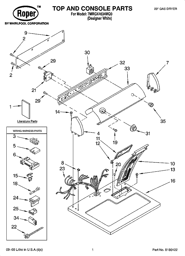 TOP AND CONSOLE PARTS Diagram and Parts List for 7MRGX4634MQ0  Roper Dryer