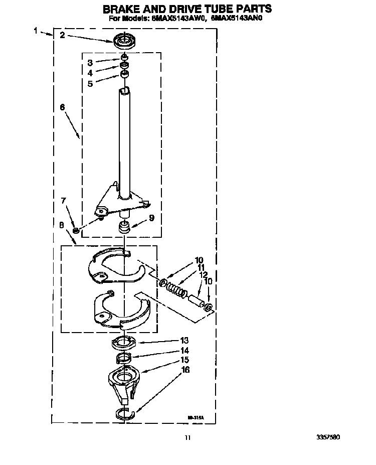 Brake And Drive Tube Diagram and Parts List for 6MAX5143AN0  Whirlpool Washer
