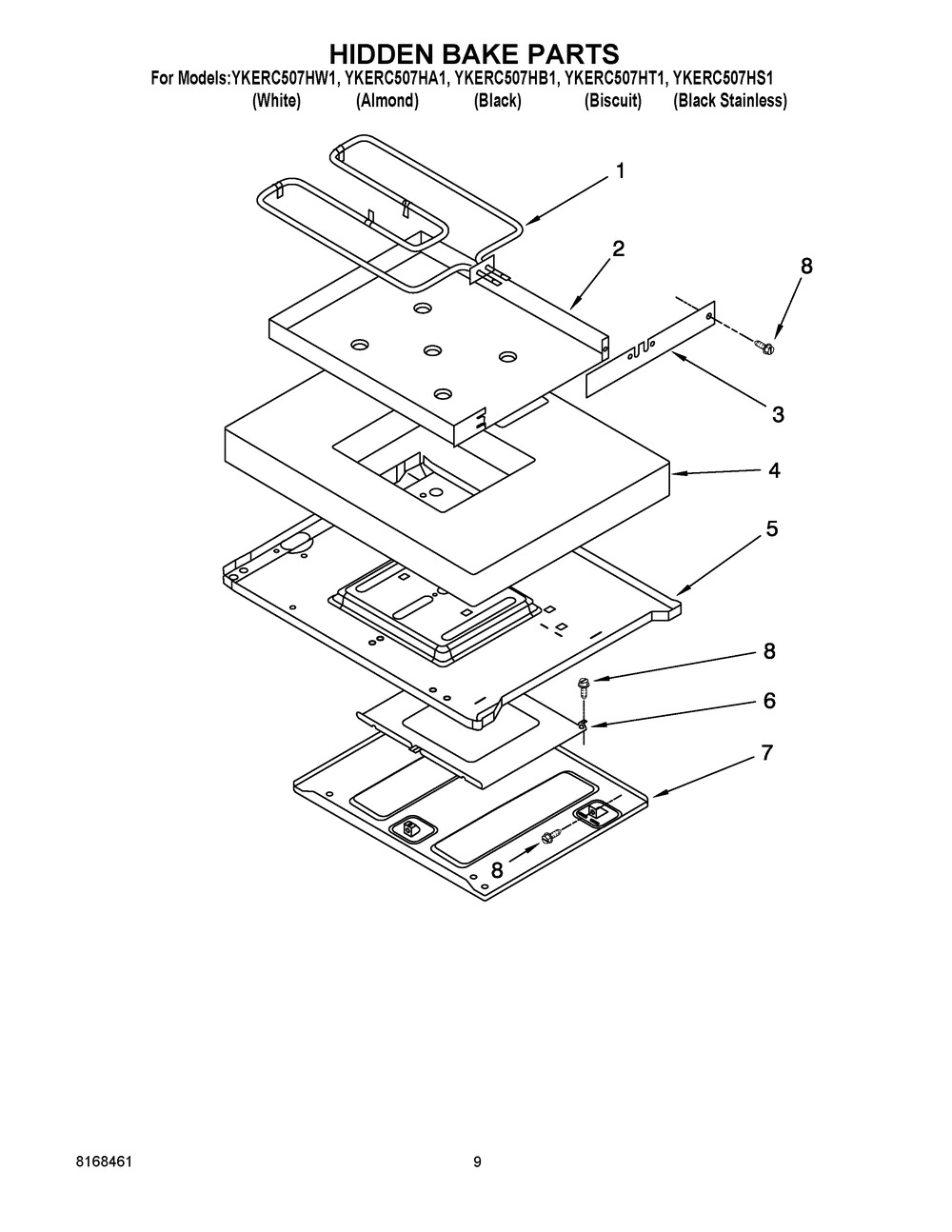 Hidden Bake Parts Diagram and Parts List for YKERC507HA1  Whirlpool Range