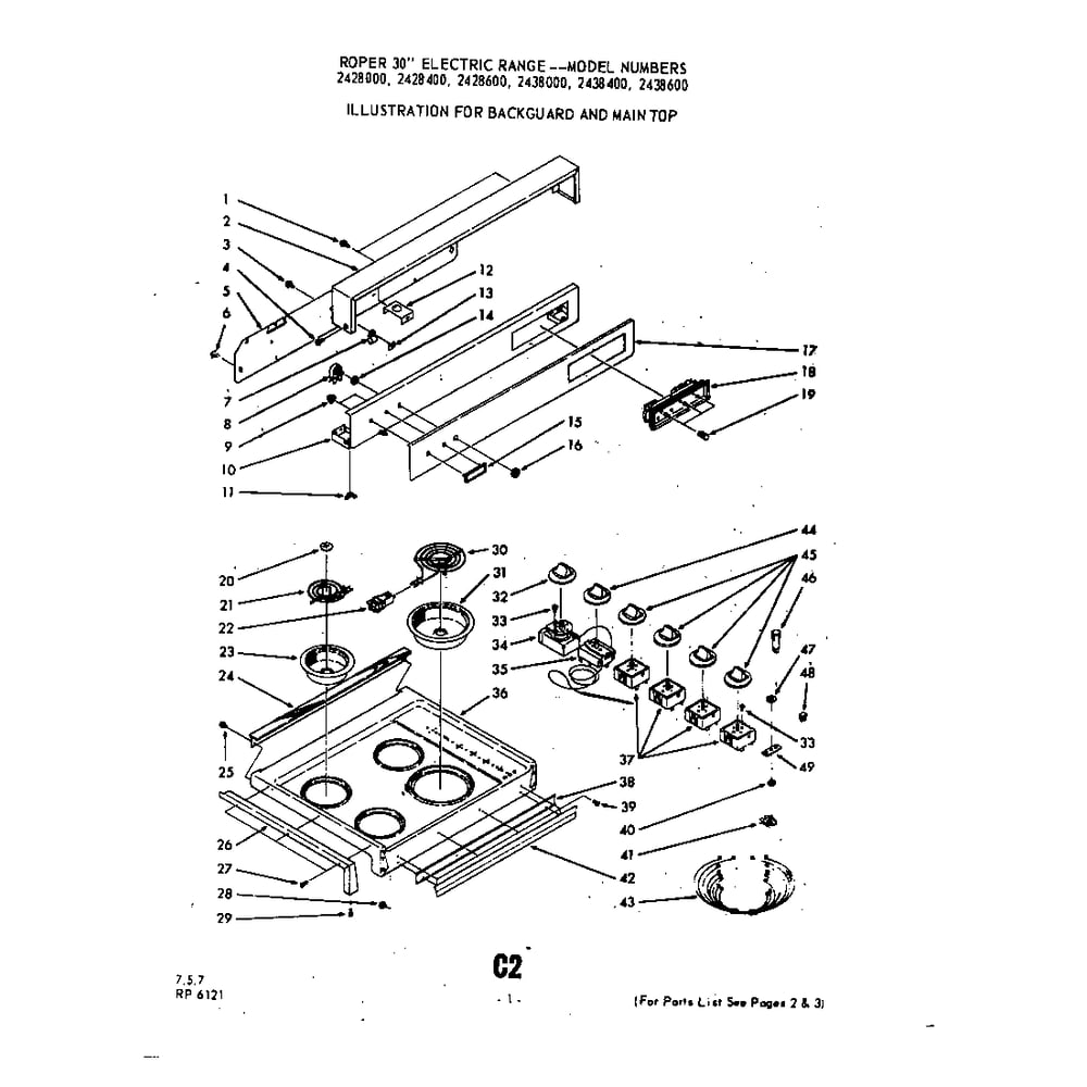 Backguard And Main Top Diagram and Parts List for 2428000  Roper Range