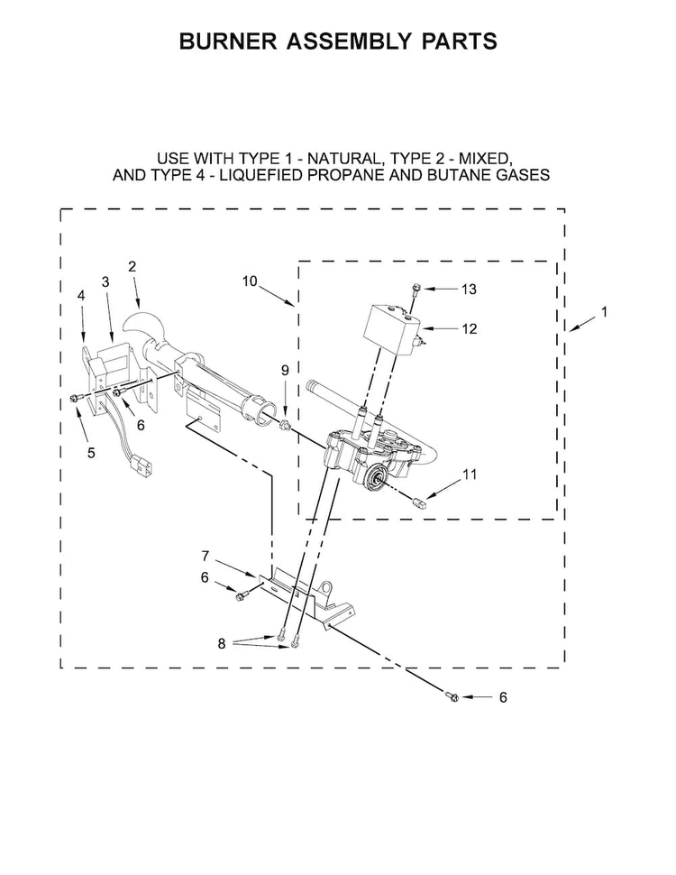 Burner Assembly Parts Diagram and Parts List for 11076132410  Kenmore Dryer