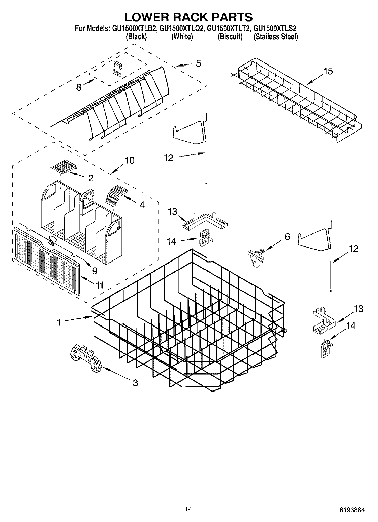 LOWER RACK PARTS Diagram and Parts List for GU1500XTLQ2  Whirlpool Dishwasher