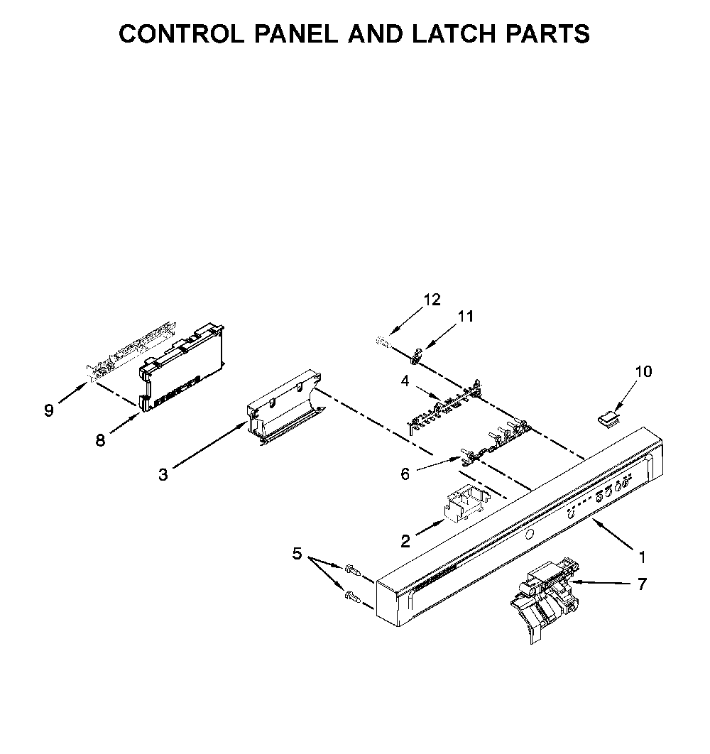 Control panel and latch parts Diagram and Parts List for WDF520PADB9  Whirlpool Dishwasher