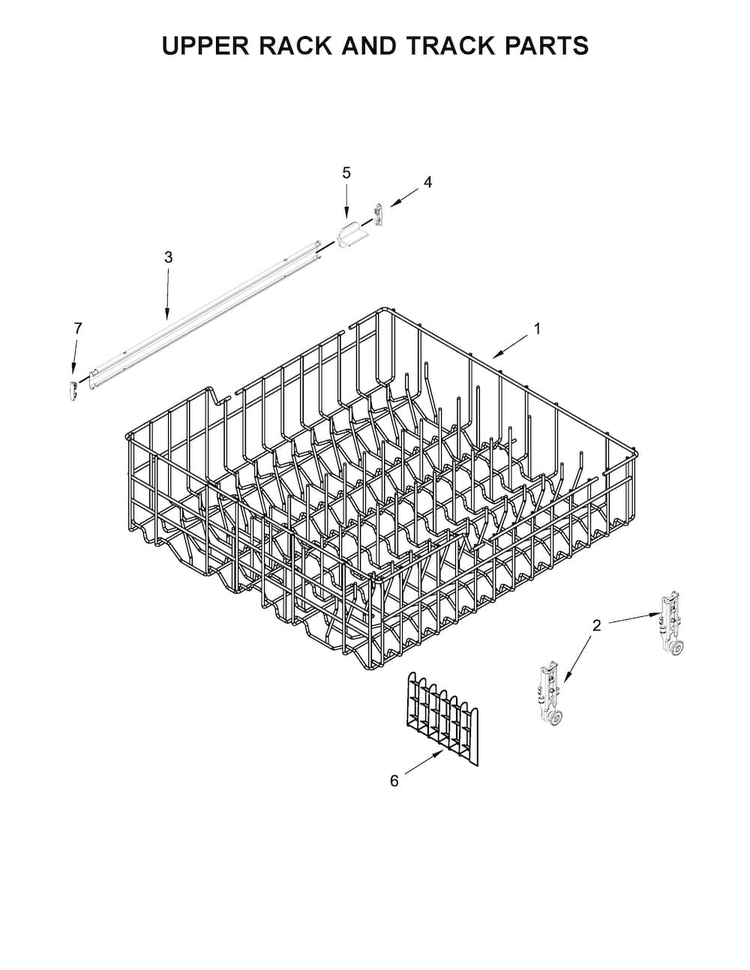 Upper Rack And Track Parts Diagram and Parts List for WDF320PADB3  Whirlpool Dishwasher