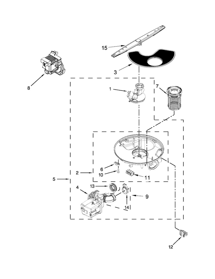 Pump, Washarm And Motor Parts Diagram and Parts List for WDP350PAAB3  Whirlpool Dishwasher