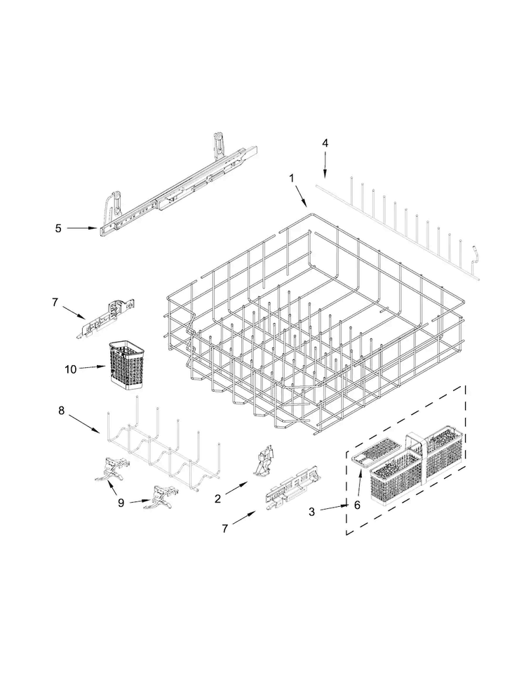 Lower Rack And Track Parts Diagram and Parts List for KDTM704ESS0  KitchenAid Dishwasher