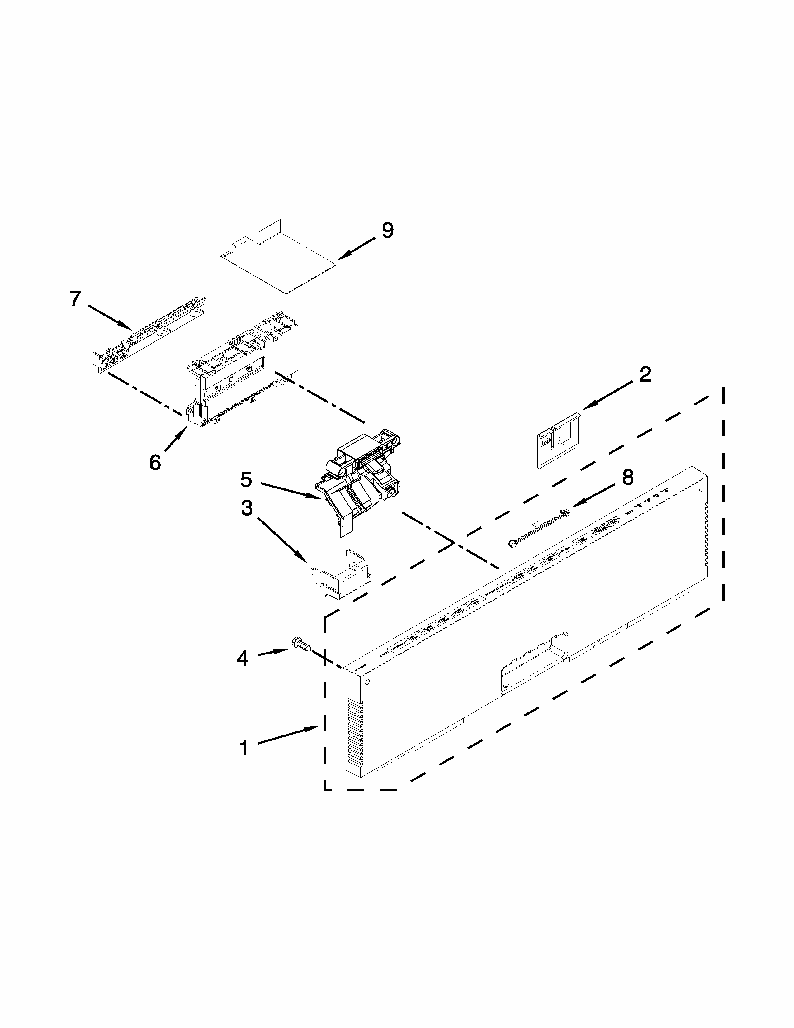 Control Panel And Latch Parts Diagram and Parts List for IUD8555DX1  Whirlpool Dishwasher