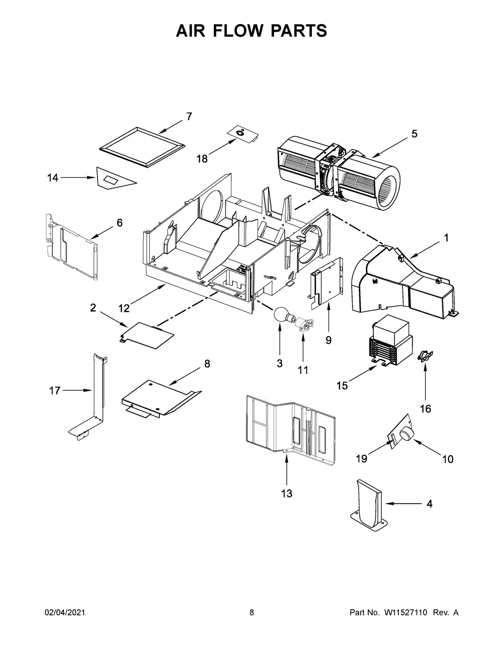 Air Flow Parts Diagram and Parts List for WMH32519HB5  Whirlpool Microwave
