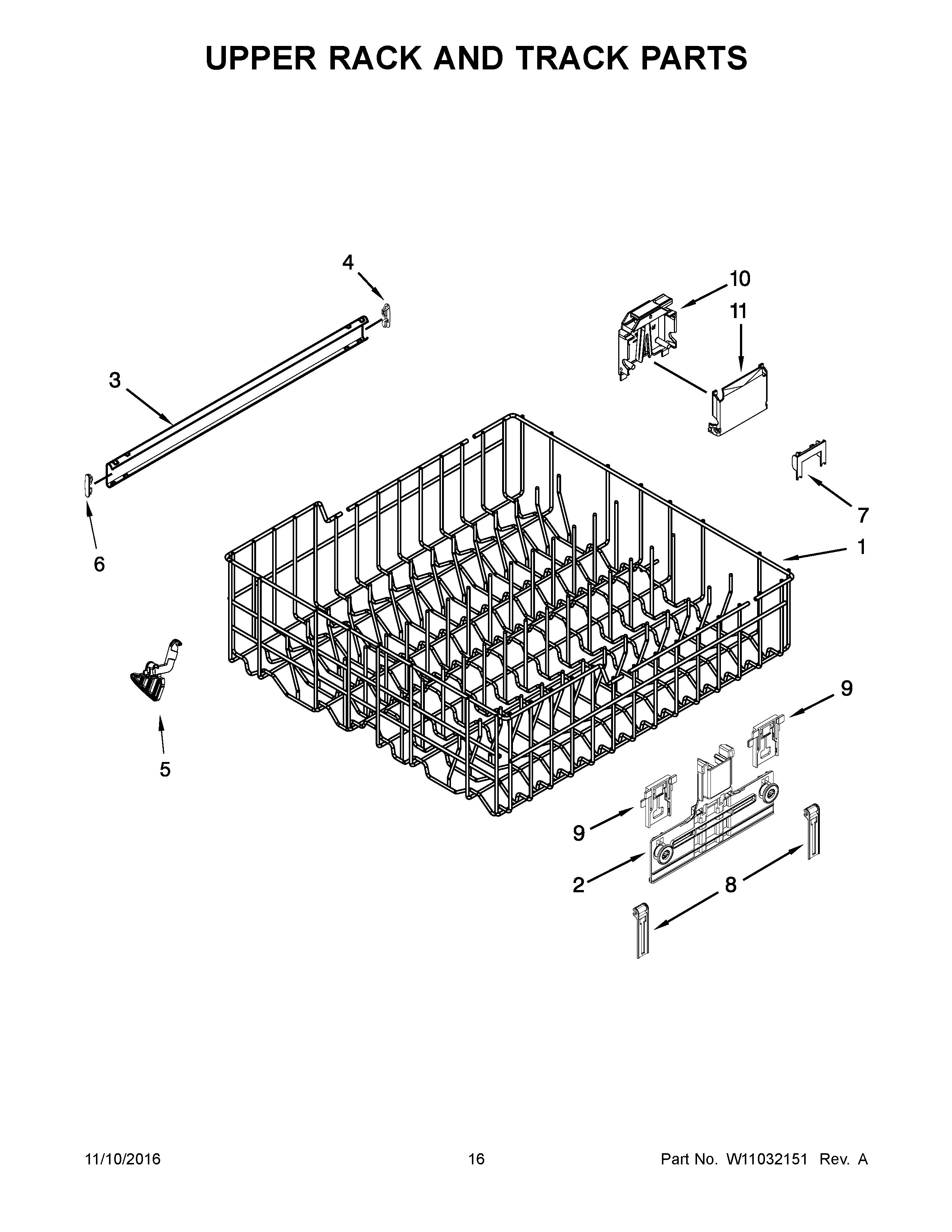 Upper Rack And Track Parts Diagram and Parts List for 66513543N413  Kenmore Dishwasher