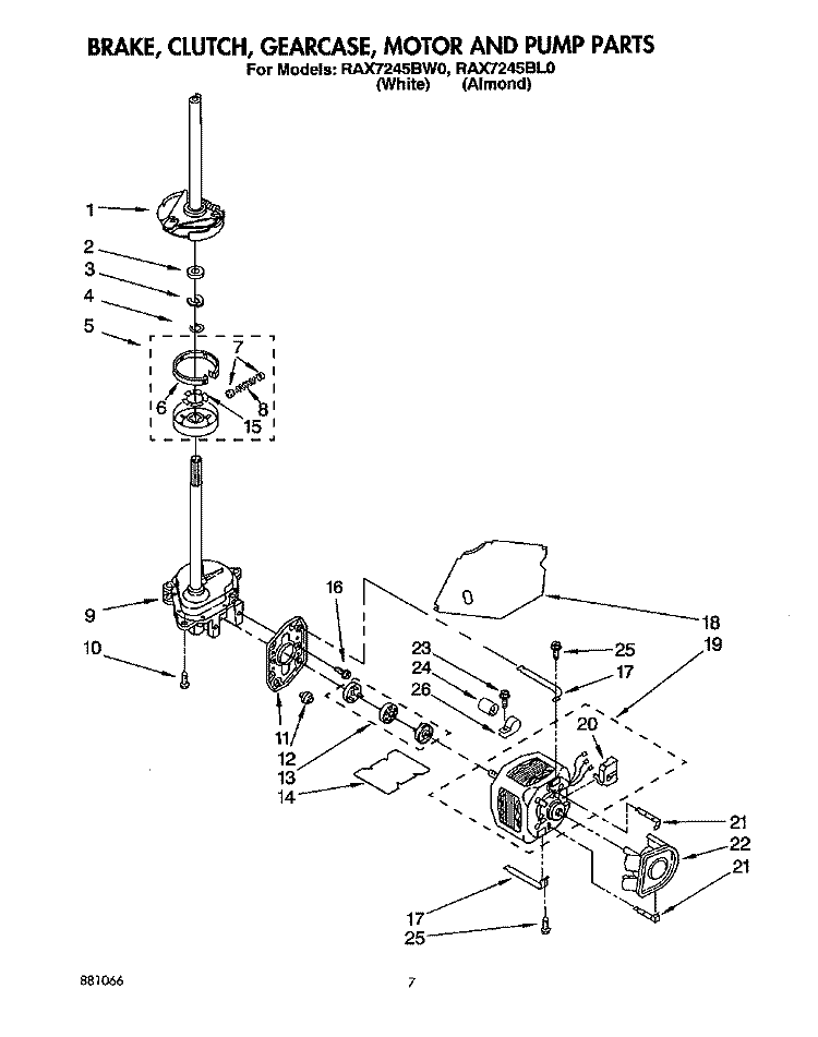 BRAKE, CLUTCH, GEARCASE, MOTOR & PUMP Diagram and Parts List for RAX7245BL0  Roper Washer