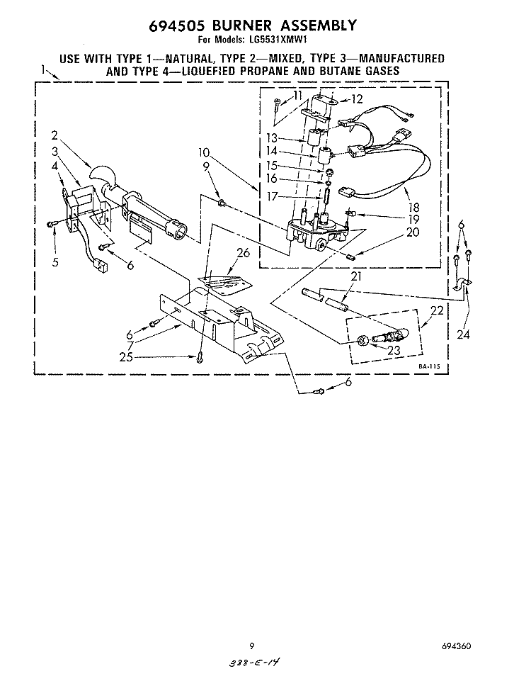 694505 BURNER Diagram and Parts List for LG5531XMW1  Whirlpool Dryer