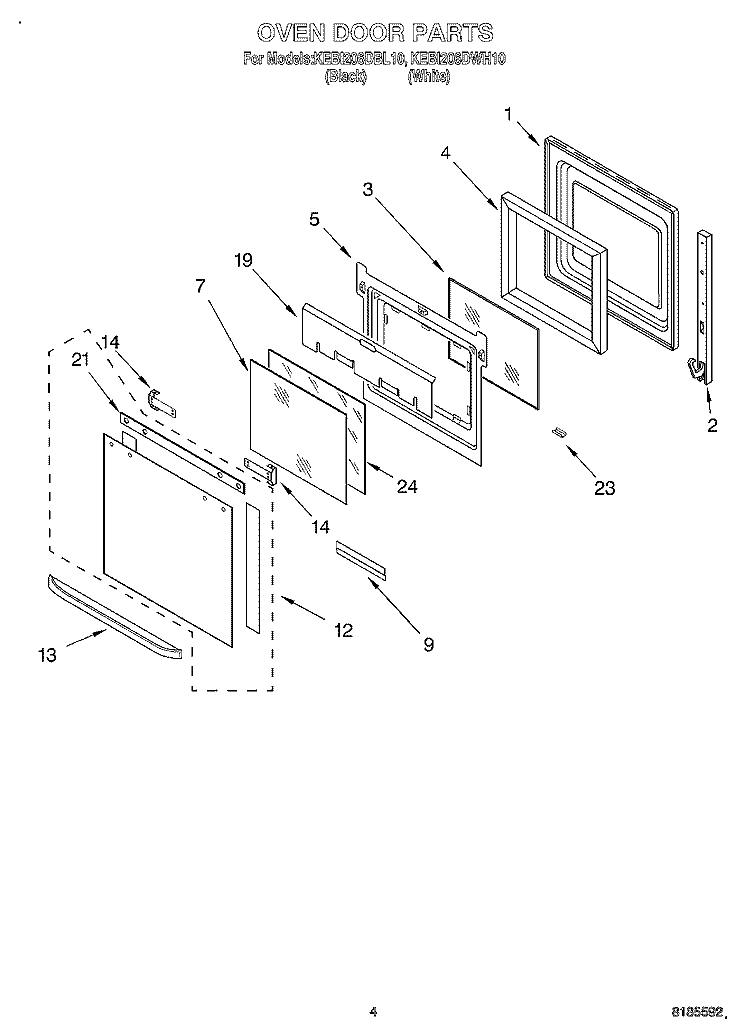 OVEN DOOR Diagram and Parts List for KEBI206DWH10  KitchenAid Wall Oven