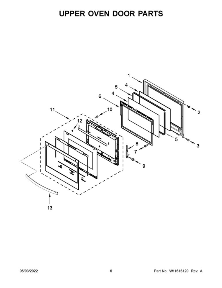 Upper Oven Door Parts Diagram and Parts List for WOD51EC0HS20  Whirlpool Wall Oven