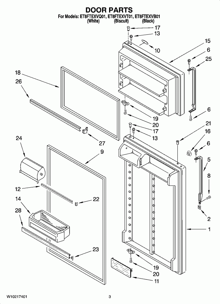 DOOR PARTS Diagram and Parts List for ET8FTEXVQ01  Whirlpool Refrigerator