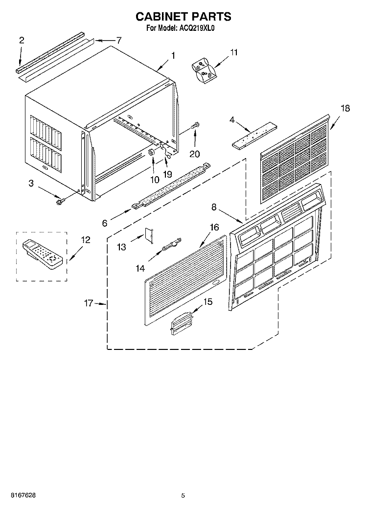 CABINET Diagram and Parts List for ACQ219XL0  Whirlpool Air Conditioner