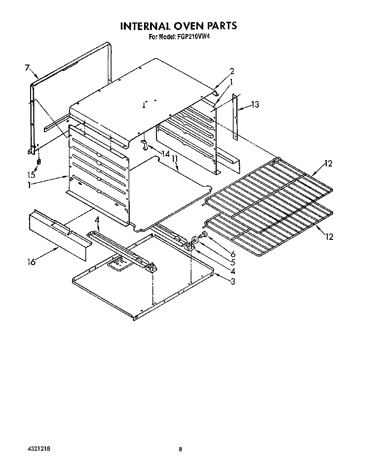 INTERNAL OVEN Diagram and Parts List for FGP210VW4  Roper Range