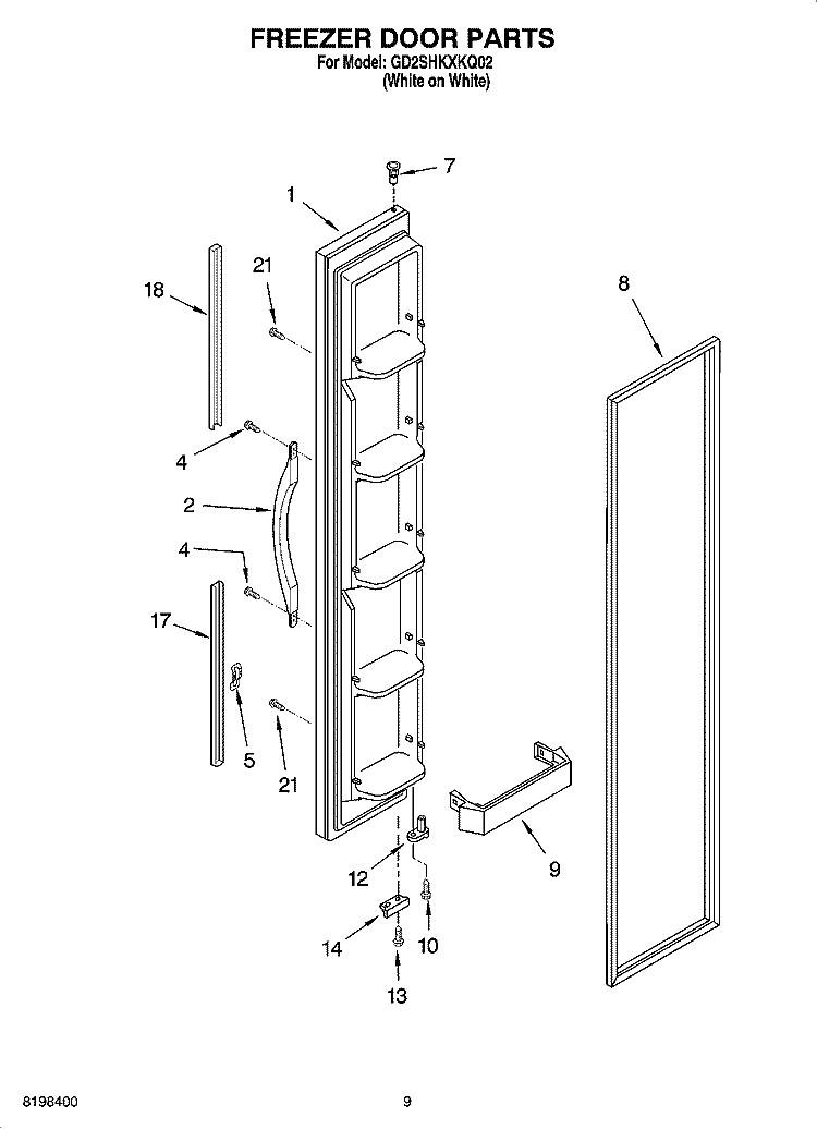 FREEZER DOOR PARTS Diagram and Parts List for GD2SHKXKQ02  Whirlpool Refrigerator