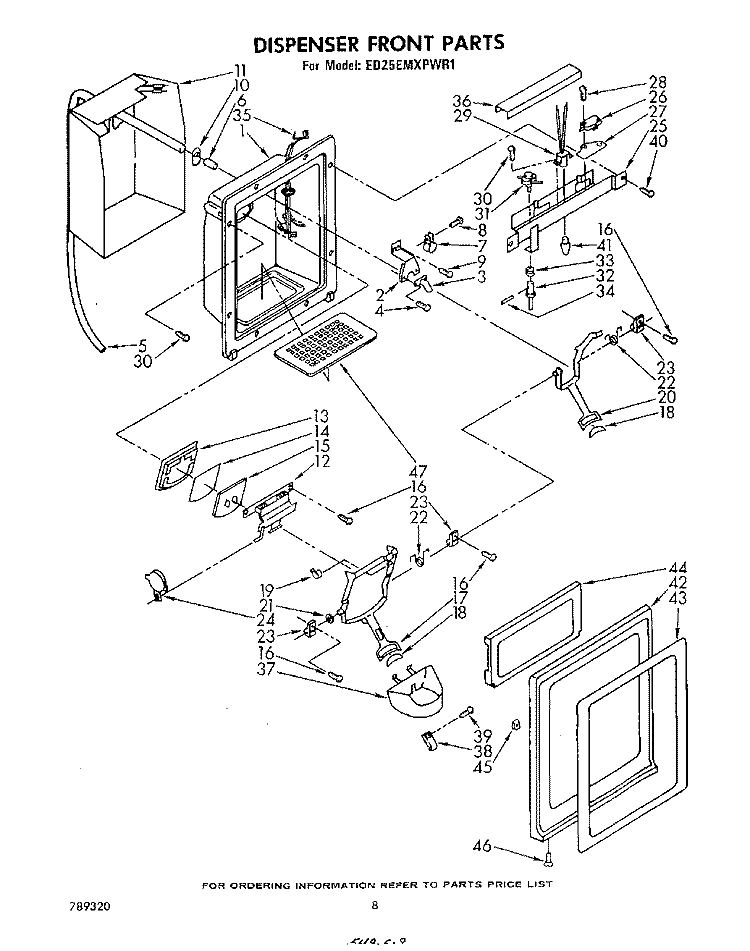 DISPENSER FRONT Diagram and Parts List for ED25EMXPWR1  Whirlpool Refrigerator