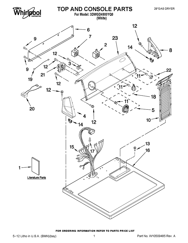 TOP AND CONSOLE PARTS Diagram and Parts List for 3DWGD4800YQ0  Whirlpool Dryer