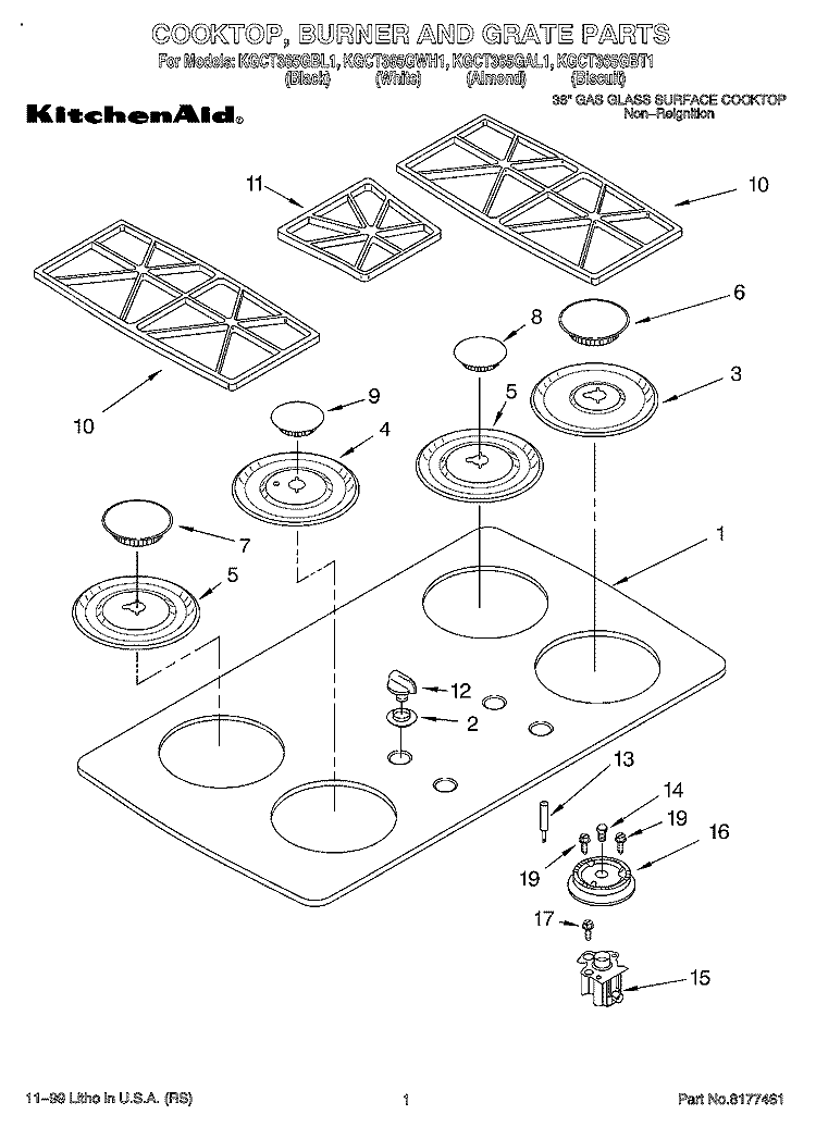 SECTION Diagram and Parts List for KGCT365GBL1  KitchenAid Cooktop