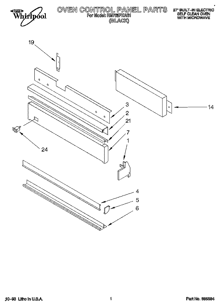 OVEN CONTROL PANEL, LITERATURE Diagram and Parts List for RM765PXAB1  Whirlpool Wall Oven