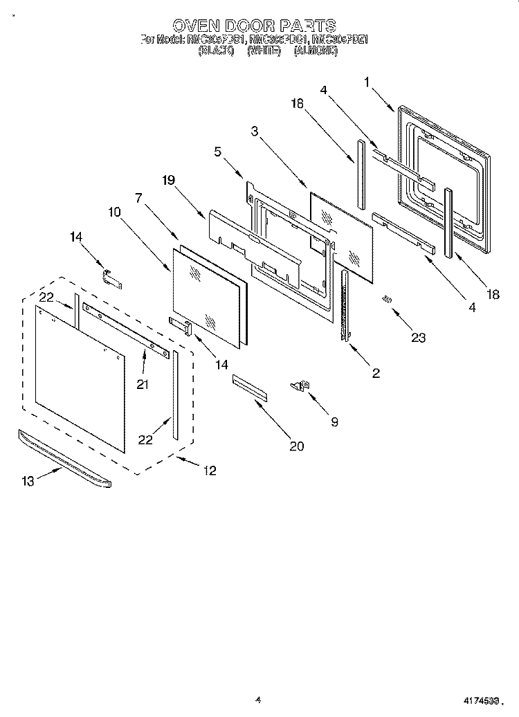 OVEN DOOR Diagram and Parts List for RMC305PDB1  Whirlpool Microwave Oven Combo