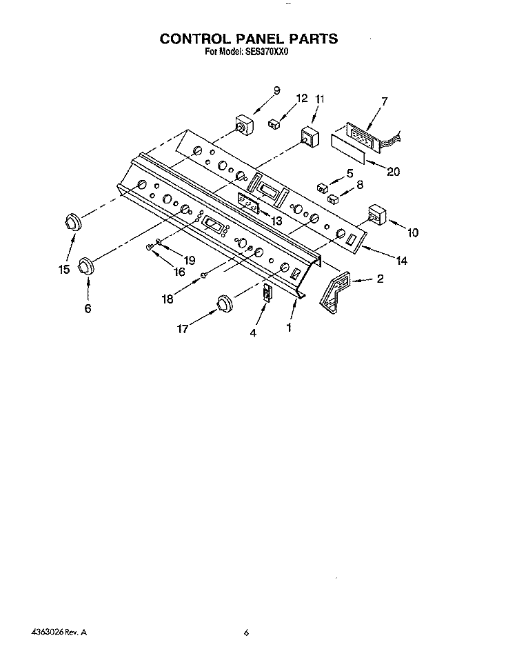 CONTROL PANEL Diagram and Parts List for SES370XX0  Roper Range