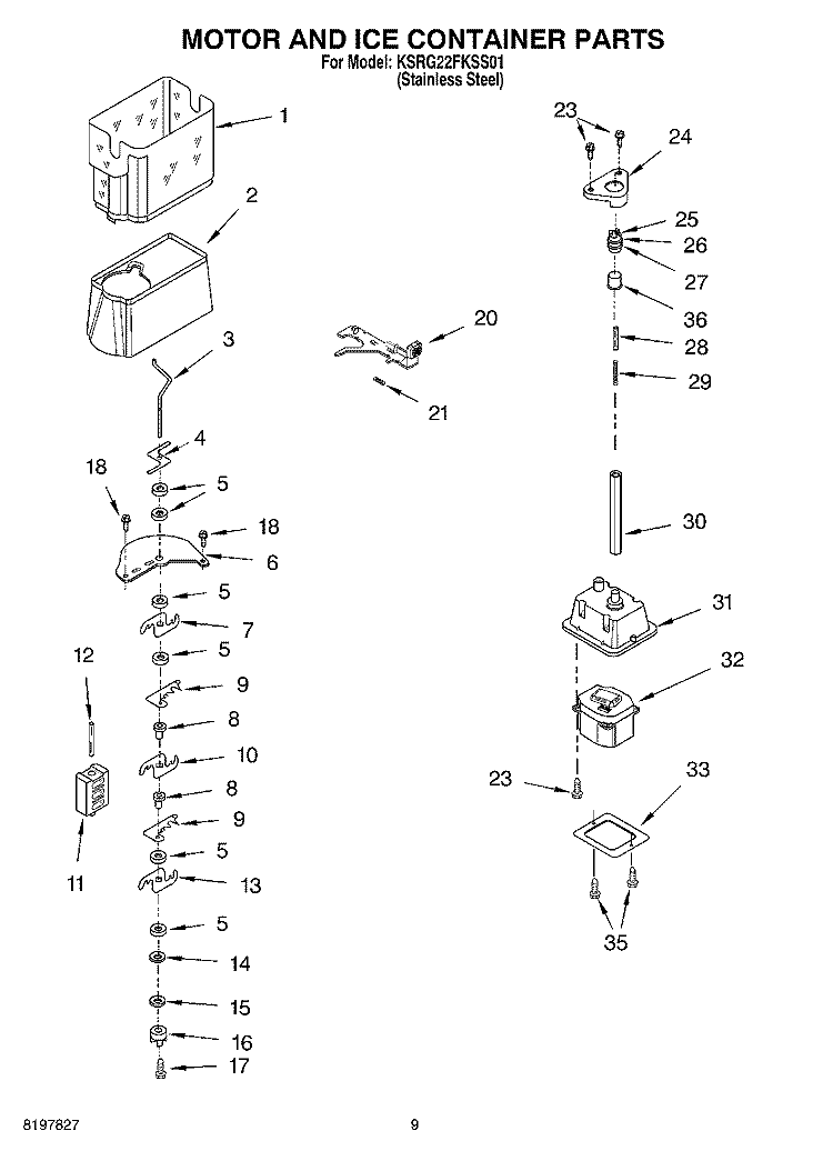 MOTOR AND ICE CONTAINER Diagram and Parts List for KSRG22FKSS01  KitchenAid Refrigerator